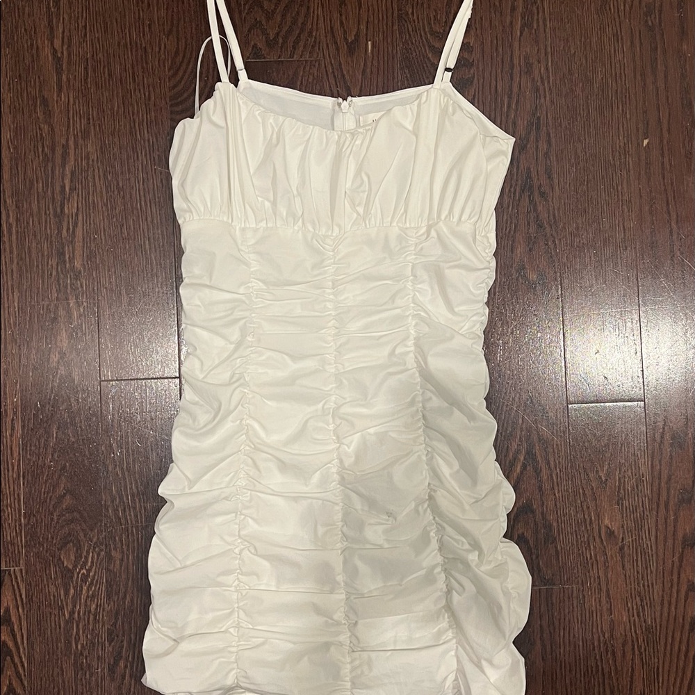 MABLE white ruched body-con dress.
